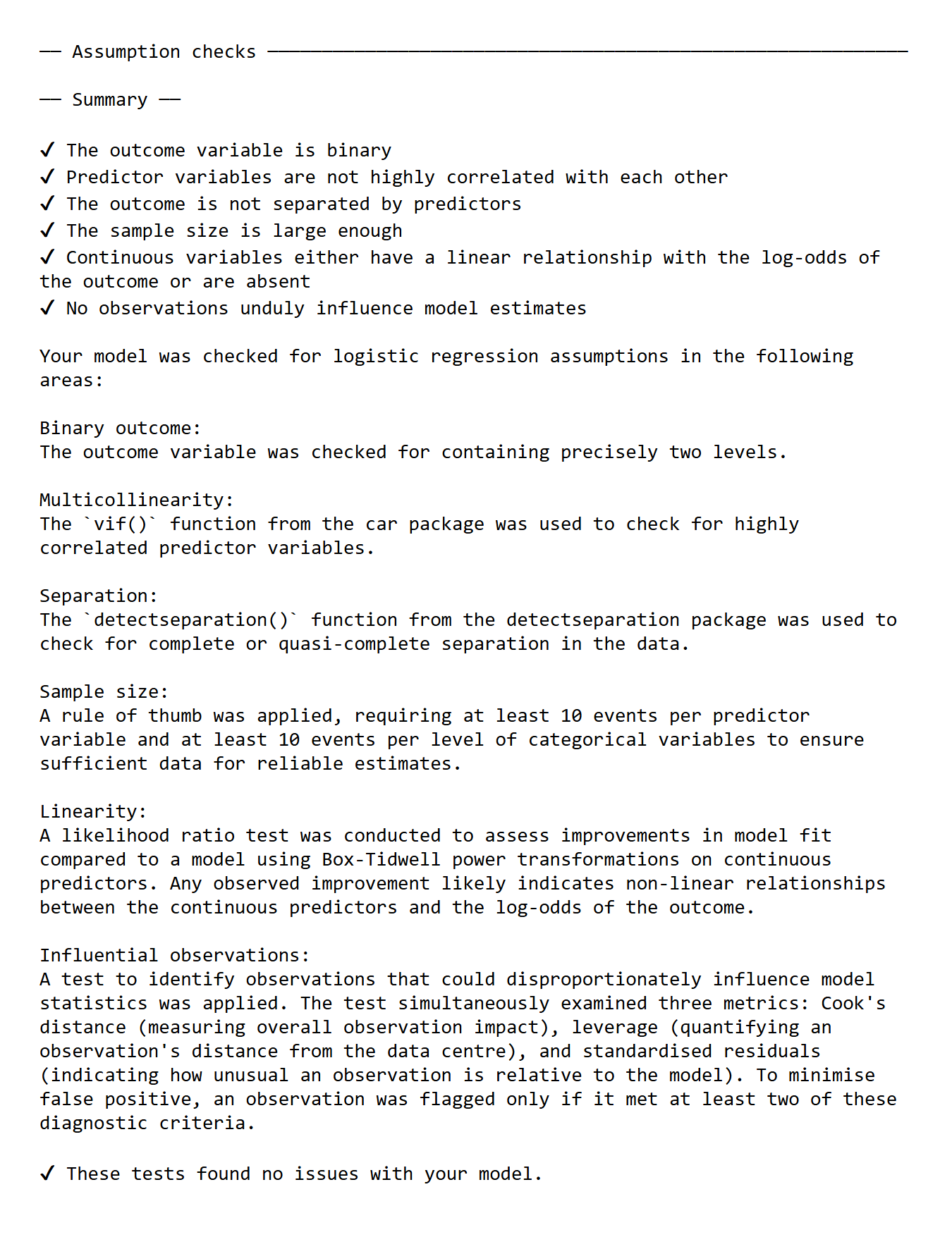 Console output showing the results of logistic regression assumption checks